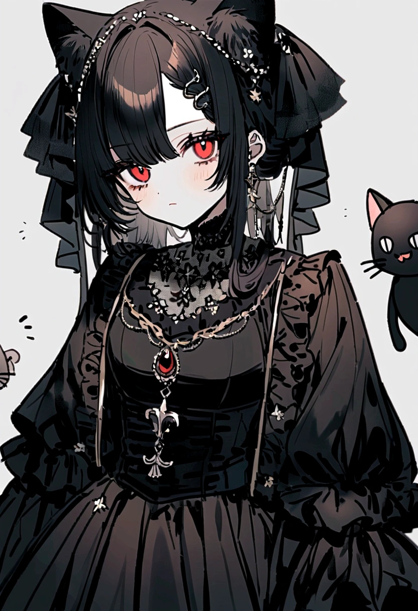 cheveux blancs,les yeux rouges,Beaux garçons,coup de feu,Trench noir et blanc,Avec une décoration de cheveux en forme de tête de chat sur la tête,Style artistique P5R