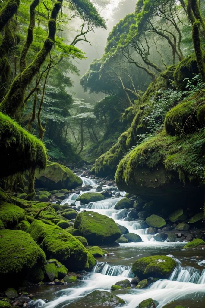 in tahe mossy jungle, have a river, mount, rock, mossy tree, foggy
