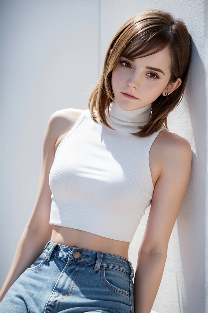 Emma Watson in a white turtleneck sweater and jeans, セクシーなCrop topを着てるエマ・ワトソン, White top, Wear a cute top, Emma Watson in a tight simple outfit, white Halter top, Emma Watson in a sleeveless turtleneck, Emma Watson in a white turtleneck, Halter top, Wearing crop tops, wearing Crop top, Emma Watson wearing a crop top, Emma Watson in tight clothes, Crop top, White sweater