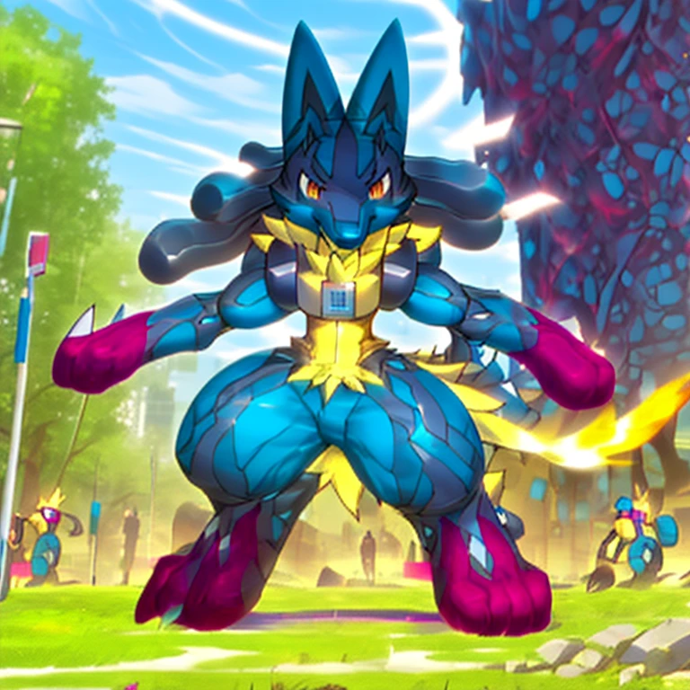 (masterpiece. official art. 8k. best quality. detailed full body. full body.)

(situation 1 : dominating mega lucario. focus GIANT mechanical Muscular mega lucario is trampling the CITY. macro. stomp. Low-angle perspective. emphasizing the immense size. The perspective is from below, emphasizing the sheer majesty and power of the Giant. giant art. He is much bigger than a skyscraper. Giga Giants. micro soccer field. looking down.)

(situation 2 :smoke and flames rising from the destruction in the city)

(Additional details 1: wearing a full-face helmet. high-tech bio-mecha armor. real texture material. whole body shines like metal. Wearing cyberpunk mecha. emphasizes the muscles. suit fully made of metal. intricate armor. Robotic suit. suit fully made of metal. cyborg. Powered exoskeleton with the same design as mega lucario).

(Additional details 2: (Detailed head. Detailed Body. Detailed abs. gigantic muscles. HYPER MUSCLES. Gigachad Muscular. big muscle. pecs. triceps. traps. unusually developed muscular body. body full of huge muscles. showing off muscles. pectorales enormes. Exaggeratedly huge muscles. huge muscles. long legs.).