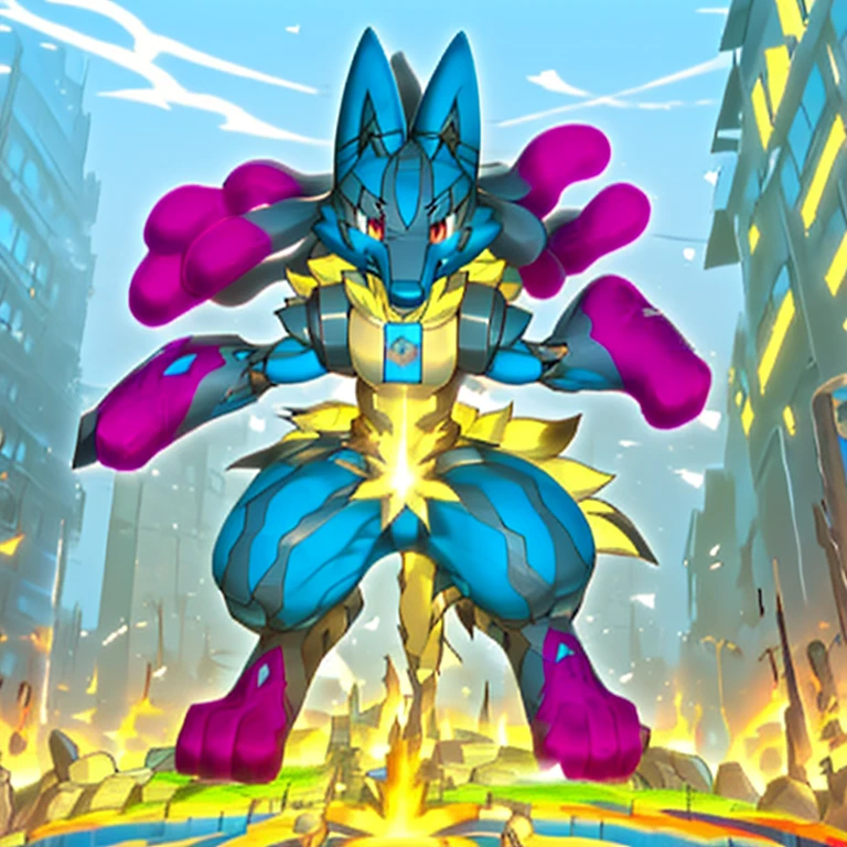 (masterpiece. official art. 8k. best quality. detailed full body. full body.)

(situation 1 : dominating mega lucario. focus GIANT mechanical Muscular mega lucario is trampling the CITY. macro. stomp. Low-angle perspective. emphasizing the immense size. The perspective is from below, emphasizing the sheer majesty and power of the Giant. giant art. He is much bigger than a skyscraper. Giga Giants. micro soccer field. looking down.)

(situation 2 :smoke and flames rising from the destruction in the city)

(Additional details 1: wearing a full-face helmet. high-tech bio-mecha armor. real texture material. whole body shines like metal. Wearing cyberpunk mecha. emphasizes the muscles. suit fully made of metal. intricate armor. Robotic suit. suit fully made of metal. cyborg. Powered exoskeleton with the same design as mega lucario).

(Additional details 2: (Detailed head. Detailed Body. Detailed abs. gigantic muscles. HYPER MUSCLES. Gigachad Muscular. big muscle. pecs. triceps. traps. unusually developed muscular body. body full of huge muscles. showing off muscles. pectorales enormes. Exaggeratedly huge muscles. huge muscles. long legs.).