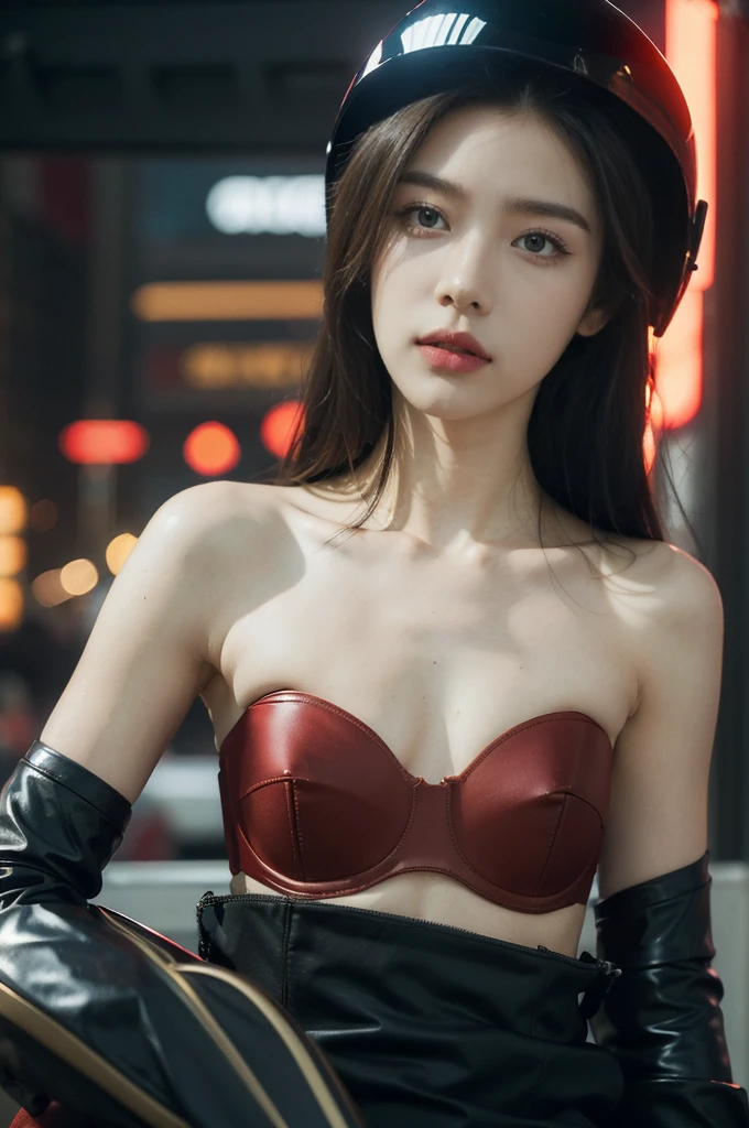 (((best quality))),(((ultra detailed))),(((masterpiece))),illustration,(1 beautiful girl,solo),((slim,thin)),((small breasts,flat chest)),(safety helmet:1.3),shoulder length straight bob hair,cyberpunk, urban street,high school student, JK outfit,(riding on a motorcycle:1.3), sleek, (strapless red bra:1.3), confidence, determination, dark streets,neon lights, skyscrapers, urban noises, traffic, sirens, city sounds, futuristic, dystopian society, technology, fashion, explosive cocktail, style, , modernity, attitude, spirit, anything is possible,((from front,close-up of face))