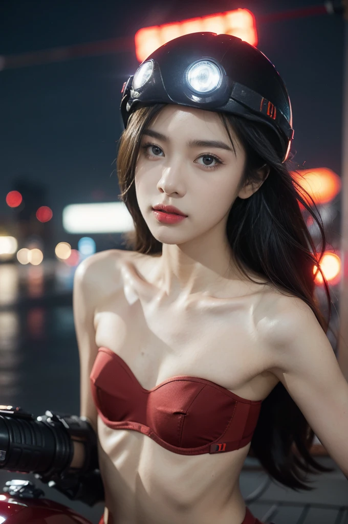 (((best quality))),(((ultra detailed))),(((masterpiece))),illustration,(1 beautiful girl,solo),((slim,thin)),((small breasts,flat chest)),(safety helmet:1.3),shoulder length straight bob hair,cyberpunk, urban street,high school student, JK outfit,(riding on a motorcycle:1.3), sleek, (strapless red bra:1.3), confidence, determination, dark streets,neon lights, skyscrapers, urban noises, traffic, sirens, city sounds, futuristic, dystopian society, technology, fashion, explosive cocktail, style, , modernity, attitude, spirit, anything is possible,((from front,close-up of face))