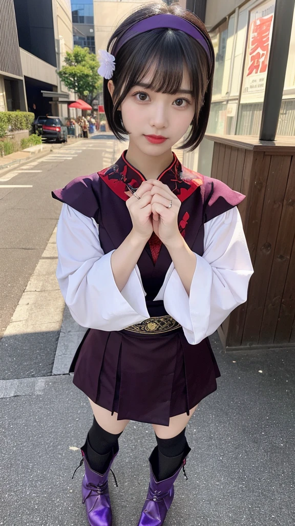 Urzan-6500-v1.1, (RAW Photos:1.2), (Photorealistic), (Genuine:1.4), Elegant woman with a perfect figure: 1.3, Jet Black Hair、((Straight short bob hair with neatly trimmed ends、bangs、Red Hairband))、(She is wearing a deep purple furisode with an elegant pattern.:1.3)、Standing with the fan closed、Majestic Hall々, (A look full of murderous intent:1.2)、 Highly detailed face and skin, Beautiful Eyes, double eyelid, Full Body Shot:1.2、Wearing short boots、(1 person:1.4)、Cleavage、18-year-old、Japanese、