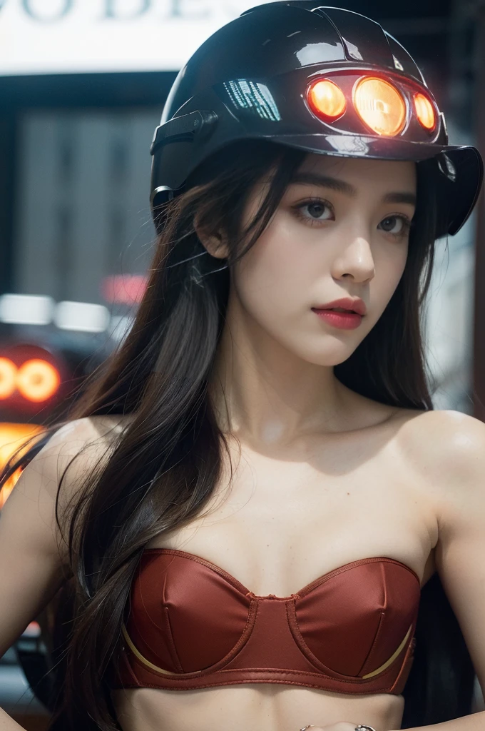 (((best quality))),(((ultra detailed))),(((masterpiece))),illustration,(1 beautiful girl,solo),((slim,thin)),((small breasts,flat chest)),(safety helmet:1.3),shoulder length straight bob hair,cyberpunk, urban street,high school student, JK outfit,(riding on a motorcycle:1.3), sleek, (strapless red bra:1.3), confidence, determination, dark streets,neon lights, skyscrapers, urban noises, traffic, sirens, city sounds, futuristic, dystopian society, technology, fashion, explosive cocktail, style, , modernity, attitude, spirit, anything is possible,((from front,close-up of face))