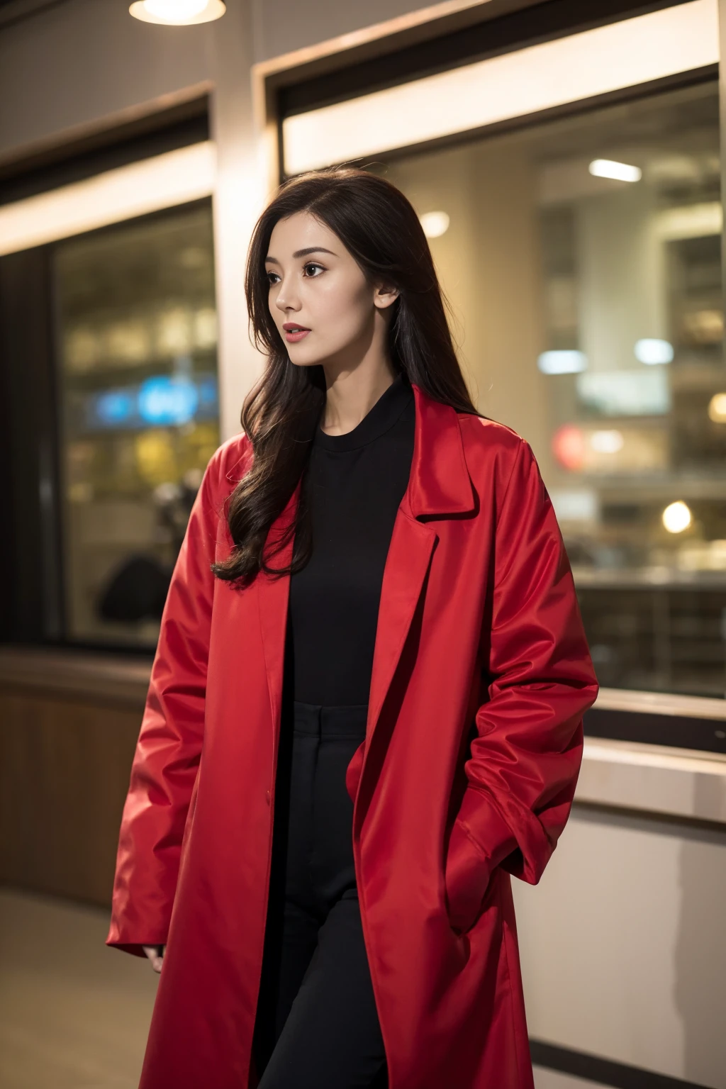 Beautiful girl in red coat , cleveage