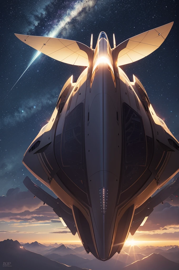 "Detailed illustration of a craft of a two-winged spaceship floating in the sky above a nocturnal meadow on the horizon looking up from below"byBy Shinkai Makoto