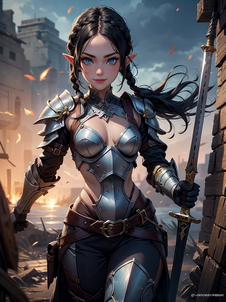 arafed, high details, best quality, 8k, [ultra detailed], masterpiece, best quality, (extremely detailed), dynamic angle, ultra wide shot, RAW, photorealistic, fantasy art, d&d art, a wide angle picture of a half elf cleric in  a temple near the lake, female, half elf (Masterpiece 1.5, intense details), black haired, green eyes, braided hair, long hair (Masterpiece, intense details), cleric, templar (1.3 Masterpiece, intense details dnd art), casting a spell (1.4 Masterpiece, intense details dnd art), wearing white plate mail armor with sigils ( 1.5 Masterpiece, intense details), carrying flaming sword (Masterpiece 1.5, intense details), wearing white cloak with sigilasterpiece 1.4, intense details), holy symbol, standing near a lake (Masterpiece 1.5, intense details), dawn light, backlight, dynamic angle, reflection (1.5 Masterpiece, intense details) glowing light, high details , ray tracing, reflection light, silhouette, wide shot, panorama, Ultra-Wide Angle, high detail, award winning, best quality, HD, 8K, 3D rendering, high details, best quality, highres, ultra wide angle, 3D rendering, [[anatomically correct]]