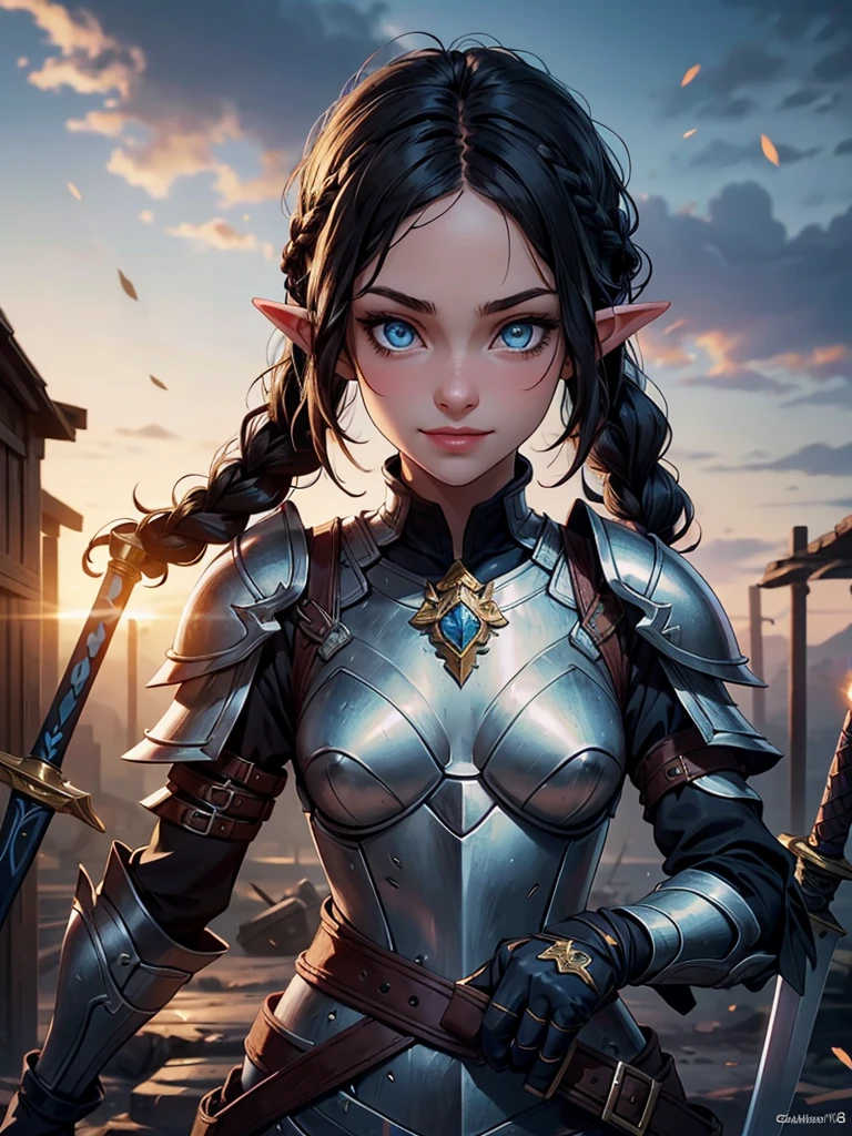 Artwork, best quality, 1 female elf, 1 girl, long black hair in braids, blue eyes, small bust, looking at viewer, weapons depot, Alone, Beautiful 18 year old elf wearing light battle armor, testing new sword with a euphoric smile, weapons depot scenario. sultry look, seductive,
