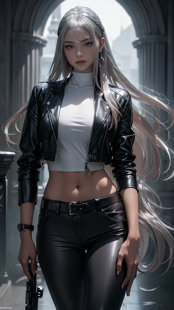 (long silver hair:1.5),Beautiful 25 year old Indian mercenary vampire, brown skin, (Wearing a blue leather jacket and tight black pants;1.3), Own a rifle, view from the front, shot from the waist up, dynamic pose, ambient lighting, photographic realism, intricate facial details, exquisite handcrafted details, very detailled, swirly vibrant colors, cinematic, high resolution, Raw style trends on Artstation