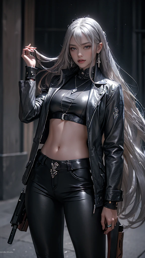 (long silver hair:1.5),Beautiful 25 year old Indian mercenary vampire, brown skin, (Wearing a blue leather jacket and tight black pants;1.3), Own a rifle, view from the front, shot from the waist up, dynamic pose, ambient lighting, photographic realism, intricate facial details, exquisite handcrafted details, very detailled, swirly vibrant colors, cinematic, high resolution, Raw style trends on Artstation