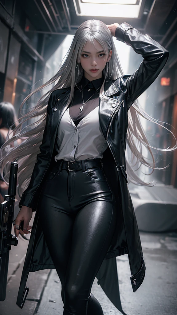 (long silver hair:1.5),Beautiful 25 year old Indian mercenary vampire, brown skin, (Wearing a blue leather jacket and tight black pants;1.3), Own a rifle, view from the front, shot from the waist up, dynamic pose, ambient lighting, photographic realism, intricate facial details, exquisite handcrafted details, very detailled, swirly vibrant colors, cinematic, high resolution, Raw style trends on Artstation