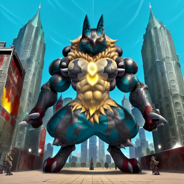 (masterpiece. official art. 8k. best quality. detailed full body. full body.)

(situation 1 : dominating mega lucario. focus GIANT mechanical Muscular mega lucario is trampling the CITY. macro. stomp. Low-angle perspective. emphasizing the immense size. The perspective is from below, emphasizing the sheer majesty and power of the Giant. giant art. He is much bigger than a skyscraper. Giga Giants. micro soccer field. looking down.)

(situation 2 :smoke and flames rising from the destruction in the city)

(Additional details 1: wearing a full-face helmet. high-tech bio-mecha armor. real texture material. whole body shines like metal. Wearing cyberpunk mecha. emphasizes the muscles. suit fully made of metal. intricate armor. Robotic suit. suit fully made of metal. cyborg. Powered exoskeleton with the same design as mega lucario).

(Additional details 2: (Detailed head. Detailed Body. Detailed abs. gigantic muscles. HYPER MUSCLES. Gigachad Muscular. big muscle. pecs. triceps. traps. unusually developed muscular body. body full of huge muscles. showing off muscles. pectorales enormes. Exaggeratedly huge muscles. huge muscles. long legs.).