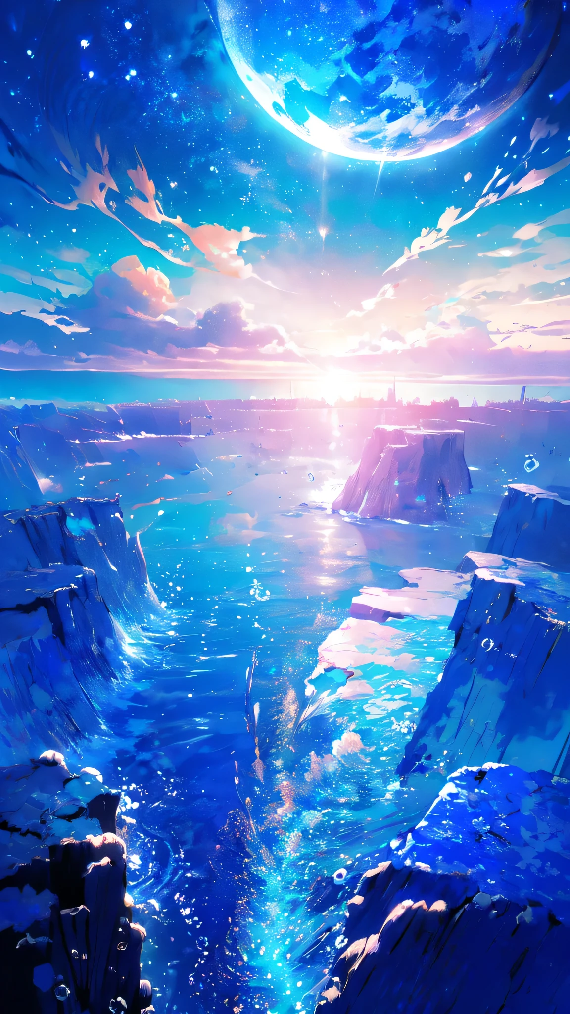 -scenery, 1girl, sky, Star (sky), Highest Resolution、Sunlight from above, night, solo,Fine starry sky、 city lights, Starry sky, Fine bubbles、night sky, bubble, moon, watercraft, outdoors, short hair, ocean, cloud,coloured glaze,