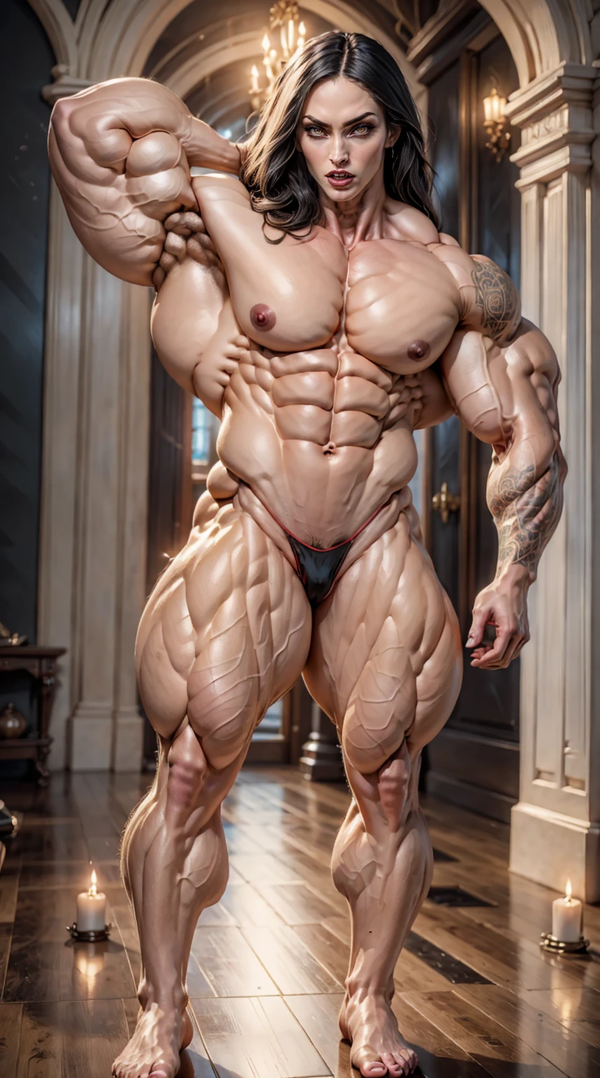 (megan fox:1.25), (muscular:1.5), (full body view:1.25), (red and black colors:1.46), (woman:1.1),(very muscular bodybuilder girl:1.25), (huge upper body:1.25), (narrow hips:1.0), long hair, (huge muscular arms:1.5,), (10-pack abs:1.4), (lots of veins:1.25), (horror:1.0), (esoteric:1.1), (solo:1.4), (dynamic angle:1.0), (cowboy shot:1.0), thin legs, Realistic, Very detailed face and eyes, (masterpiece:1.1), (best quality:1.1), (ornate:1.1), (beautiful girl face:1.25)