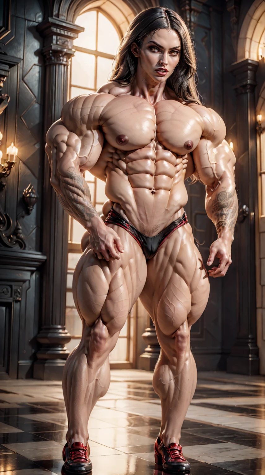 (megan fox:1.25), (muscular:1.5), (full body view:1.25), (red and black colors:1.46), (woman:1.1),(very muscular bodybuilder girl:1.25), (huge upper body:1.25), (narrow hips:1.0), long hair, (huge muscular arms:1.5,), (10-pack abs:1.4), (lots of veins:1.25), (horror:1.0), (esoteric:1.1), (solo:1.4), (dynamic angle:1.0), (cowboy shot:1.0), thin legs, Realistic, Very detailed face and eyes, (masterpiece:1.1), (best quality:1.1), (ornate:1.1), (beautiful girl face:1.25)
