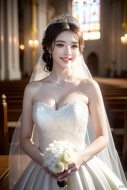 (1 girl,a beautiful bride,alone,the most extravagant and gorgeous huge wedding dress,perfect wedding lace,the most gorgeous and luxurious giant tiara,the most extravagant and luxurious giant necklace,look at me with your best smile,a wide selection of the finest jewelry,upper body photo,perfect makeup,long eyelashes,ultra hd shining eyes,ultra hd hair,ultra high resolution glossy lips,ultra high resolution perfect teeth,super high resolution beautiful face,accurate anatomy,very bright and beautiful skin,very bright and vivid,perfect beautiful bridal hairstyles,a gorgeous and elegant church,a gorgeous and beautiful church,front facing body,the most romantic atmosphere,strongly blurred background,calm and warm lighting,(best quality,4k,8k,highres,masterpiece:1.2),ultra-detailed,(realistic,photorealistic,photo-realistic:1.37),tabletop,award-winning works)