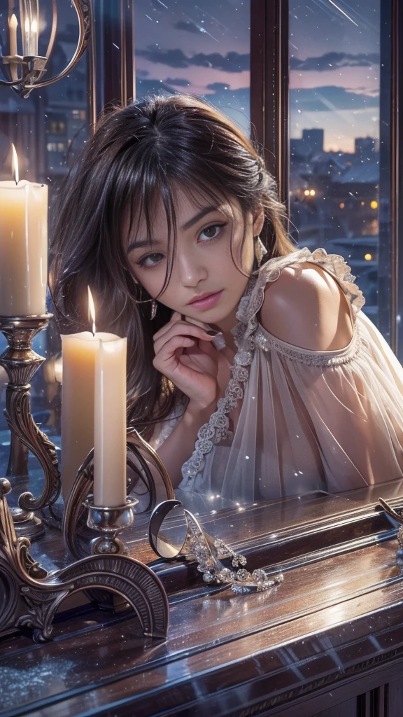 (32k:1.5, Highest quality, masterpiece, Ultra-high resolution), Professional camera work:1.6, Very detailedな肌と顔の質感:1.3, Captivating portrait, Very accurate, Very detailed, 1 adult female, ((Amazing night view from the rooftop:1.4, The moonlight at night illuminates my body)), (Satin Nightgown:0.7), Incredibly slim body, Fair skin, elegant, Expressions of sadness, (Big eyes that exude beautiful eroticism:0.8, A dreamy look:1.0, I love you with all my heart:0.8, Open your mouth a little, lipstick, Feel the beautiful eroticism:0.9), (Wet dark brown medium length hair), Sensual sitting position, Candles, The chest is medium, Earrings, necklace, bracelet, (romantic, dramatic, mysterious), Object of admiration, Artistic, Innovative, attractive, sense of openness, sense of cleanliness, Heartful, Fancy, exciting, Extreme, Tilt, ((Adult charm, Feminine charm, Hair blowing in the wind))