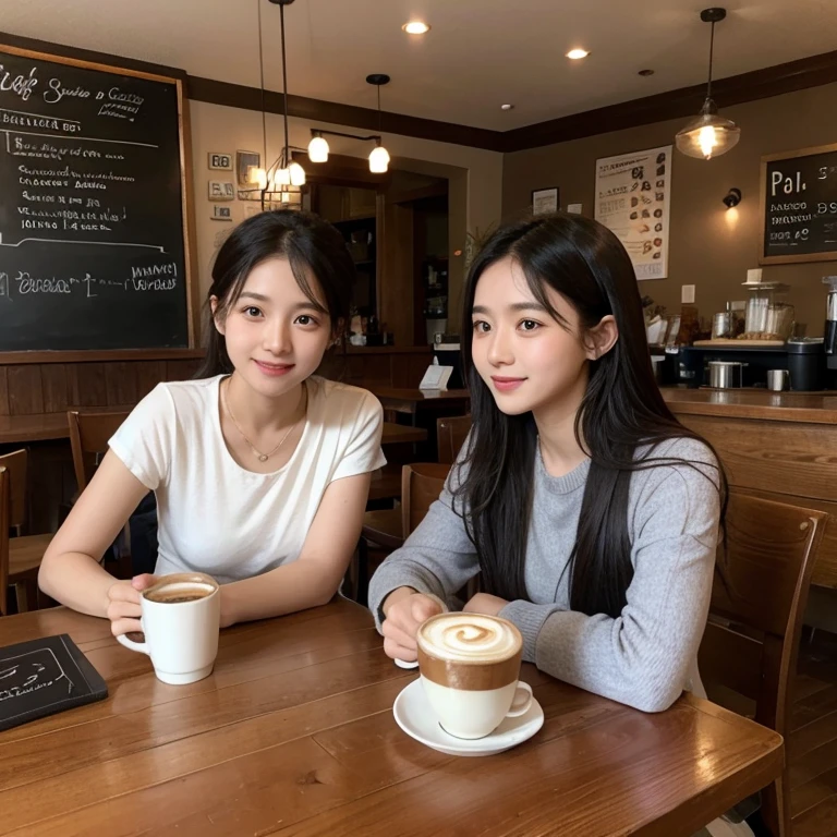 Japanese women、20th Generation、Brown medium hair、Cafe table seating、Face-to-face angles、Grey T-shirt、My breasts are a little large