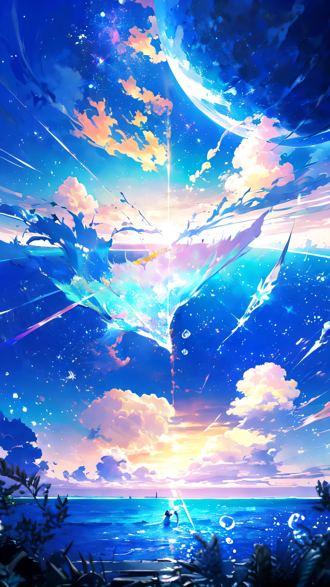 -scenery, 1girl, sky, Star (sky), Highest Resolution、Sunlight from above, night, solo,Fine starry sky、 city lights, Starry sky, Fine bubbles、night sky, bubble, moon, watercraft, outdoors, short hair, ocean, cloud,coloured glaze,