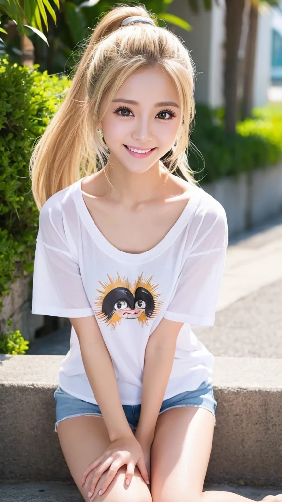 Best Pixels、Highest quality、Highest quality、masterpiece、blonde、High Ponytail、summer、date、White shorts、sexy、T-Shirts、smile、Beautiful feet、Big eyes、Panty shot、Genuine、Sharp eyes、double eyelid