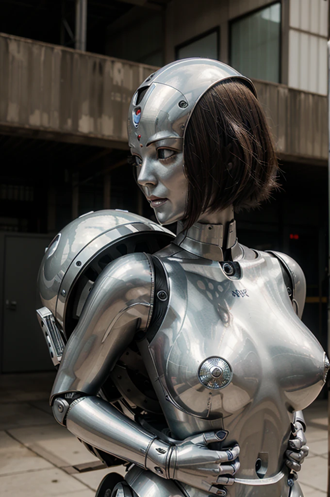 A metal robot carries a naked woman in its arms. The robot has a metal head with one central lenticular eye. The woman in the robot&#39;s arms is naked, she has big breasts and long wet curly hair, hugs the robot. Las deszczowy w tle.