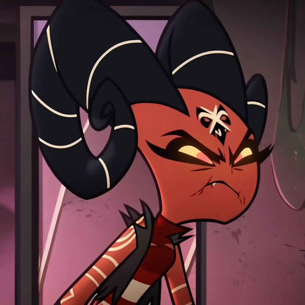 barbie wire, 1girl, demon girl, red skin, forehead tattoo, arm tattoos, horns, striped dress, leather jacket, screencap, front facing view, fat cheeks, closed mouth,