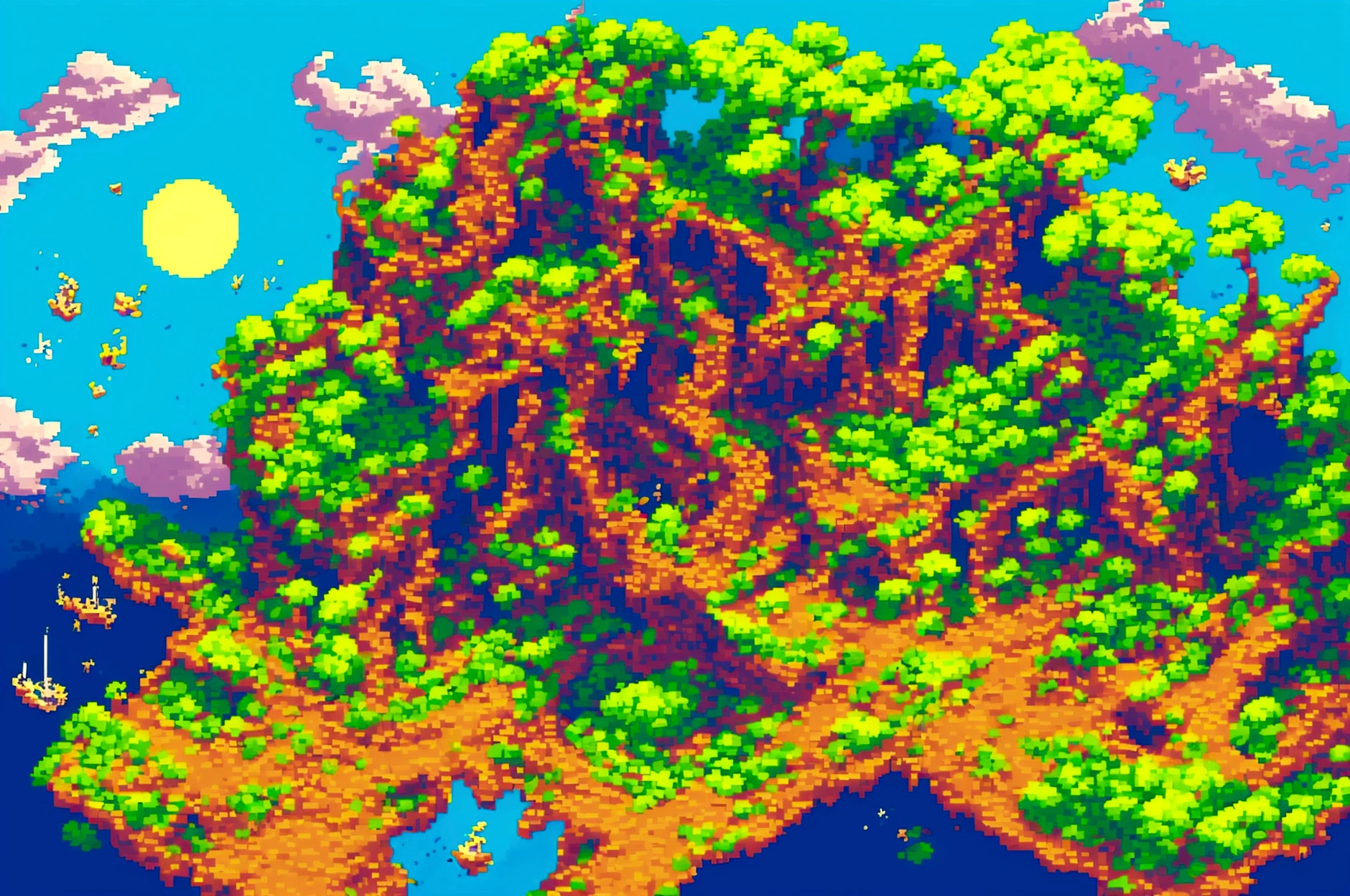 pixel art, ultra-detailed,vivid colors,sunset lighting,masterpiece:1.2,medium,detailed pixelated characters,dynamic backgrounds,colorful landscapes,retro gaming,80s vibes,lively cityscape,varied architectural styles,reflection effects,flawless pixelation,meticulously crafted sprites,smooth animations,immersive storytelling,endless possibilities