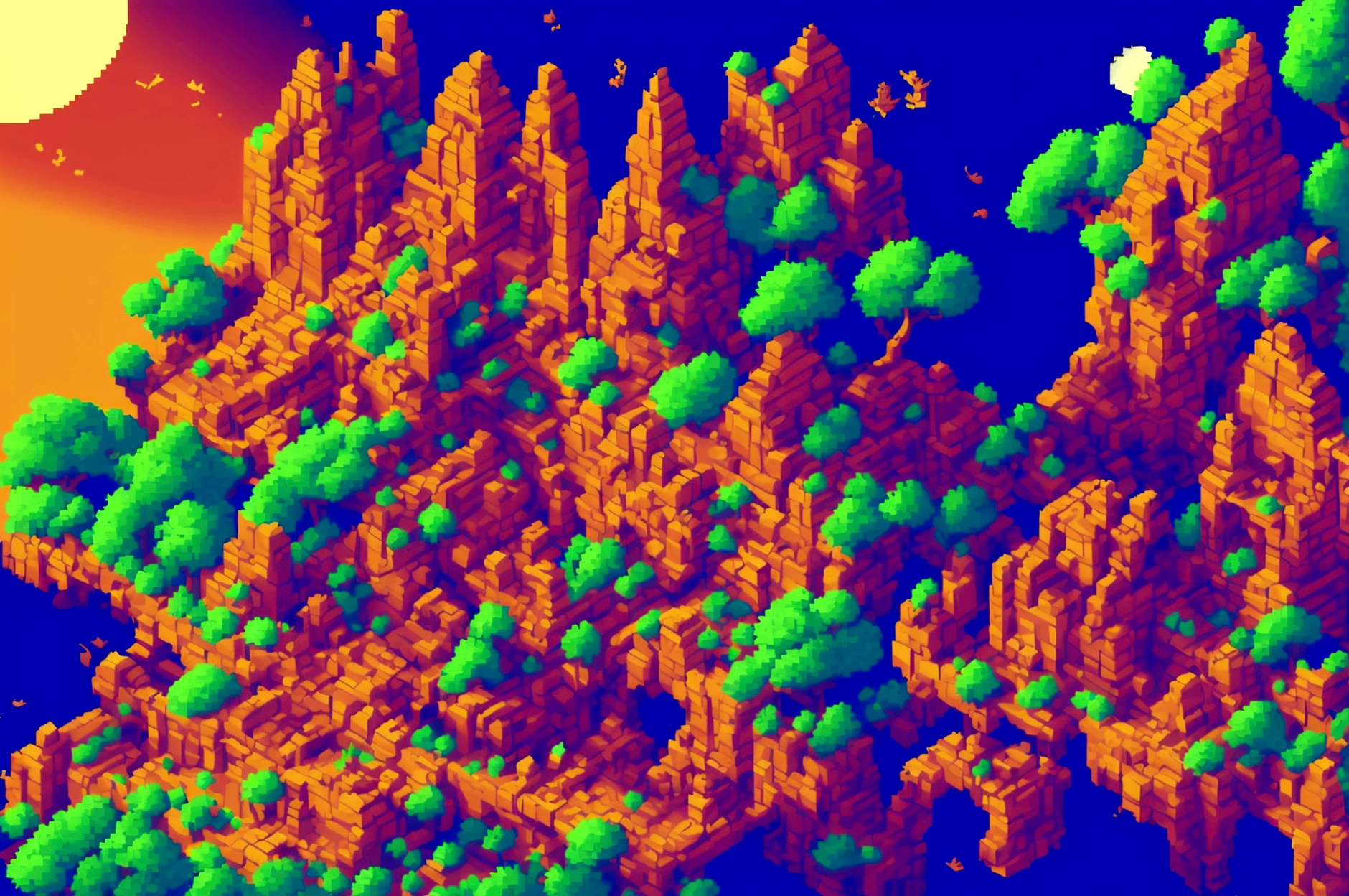 pixel art, ultra-detailed,vivid colors,sunset lighting,masterpiece:1.2,medium,detailed pixelated characters,dynamic backgrounds,colorful landscapes,retro gaming,80s vibes,lively cityscape,varied architectural styles,reflection effects,flawless pixelation,meticulously crafted sprites,smooth animations,immersive storytelling,endless possibilities