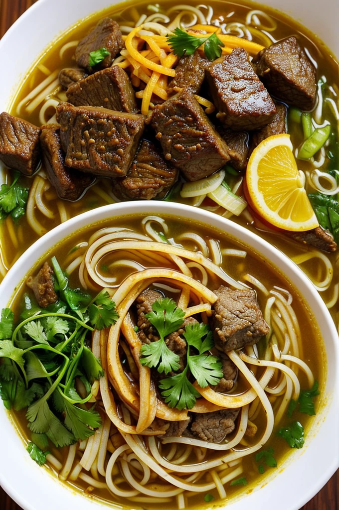 muslim women indonesian face,eat yellow vermicelli beef soup in a medium white bowl,in a soup there a green parsley,plenty of meat,fried onion,thumbs up,indonesian village restaurant background