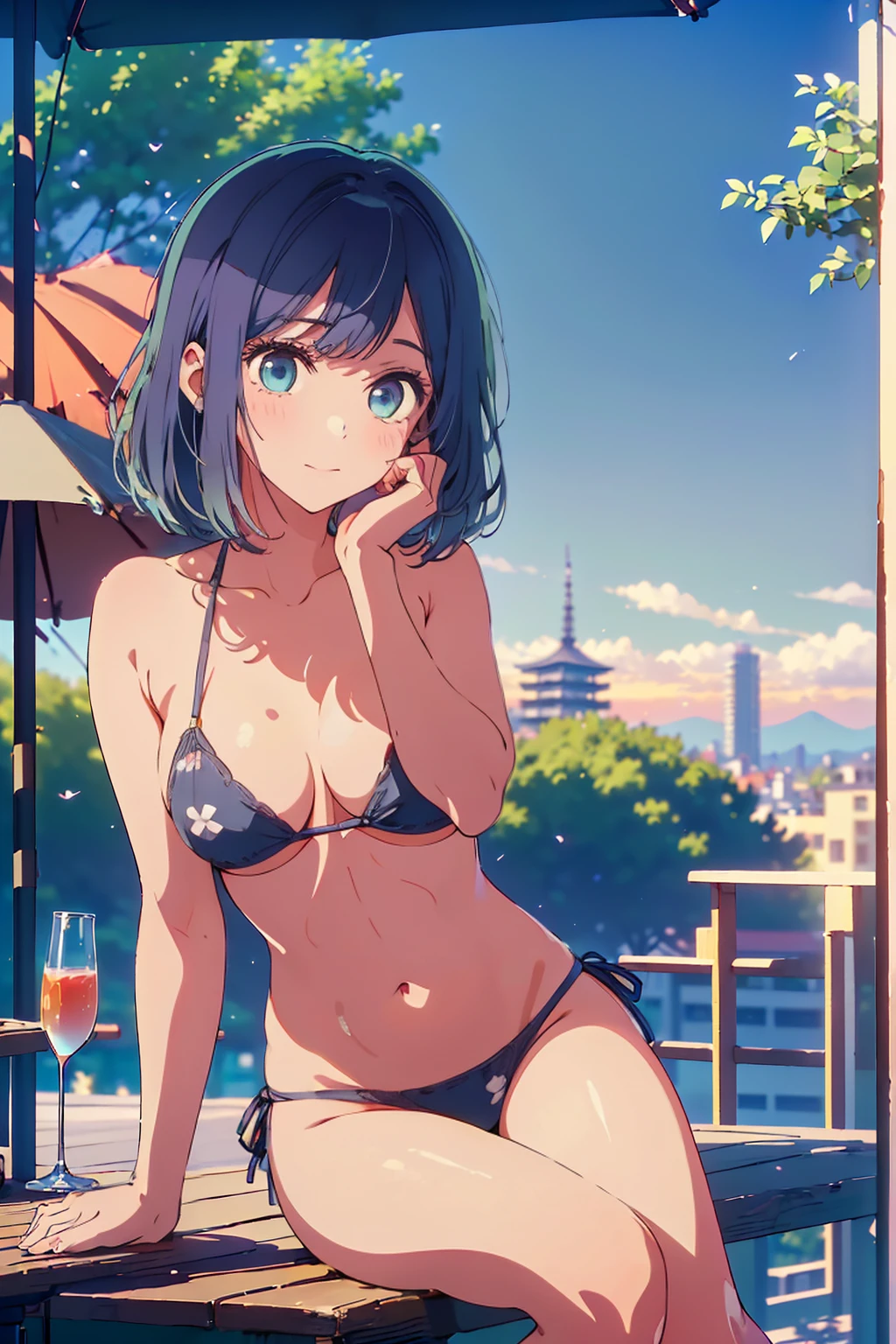 (Highest quality:1.4、masterpiece:1.4、Super detailed:1.4、8K:1.4)、F cup bust、Big Breasts、Slim body、((((1 person、Surprised expression、Sit on a chair、In the background are the urban buildings of Tokyo、looking at the camera、Outdoor café terrace、Navy hair color、juice、table、Sunset Beach、sunset、Very cute face))))、(Cheek resting on hand:1.4、Pose with hands tucked behind ears:1.4）、((nude、Areola、bikini size too small))、A completely cloudless sky、Big eyes、((((Shallow depth of field))))