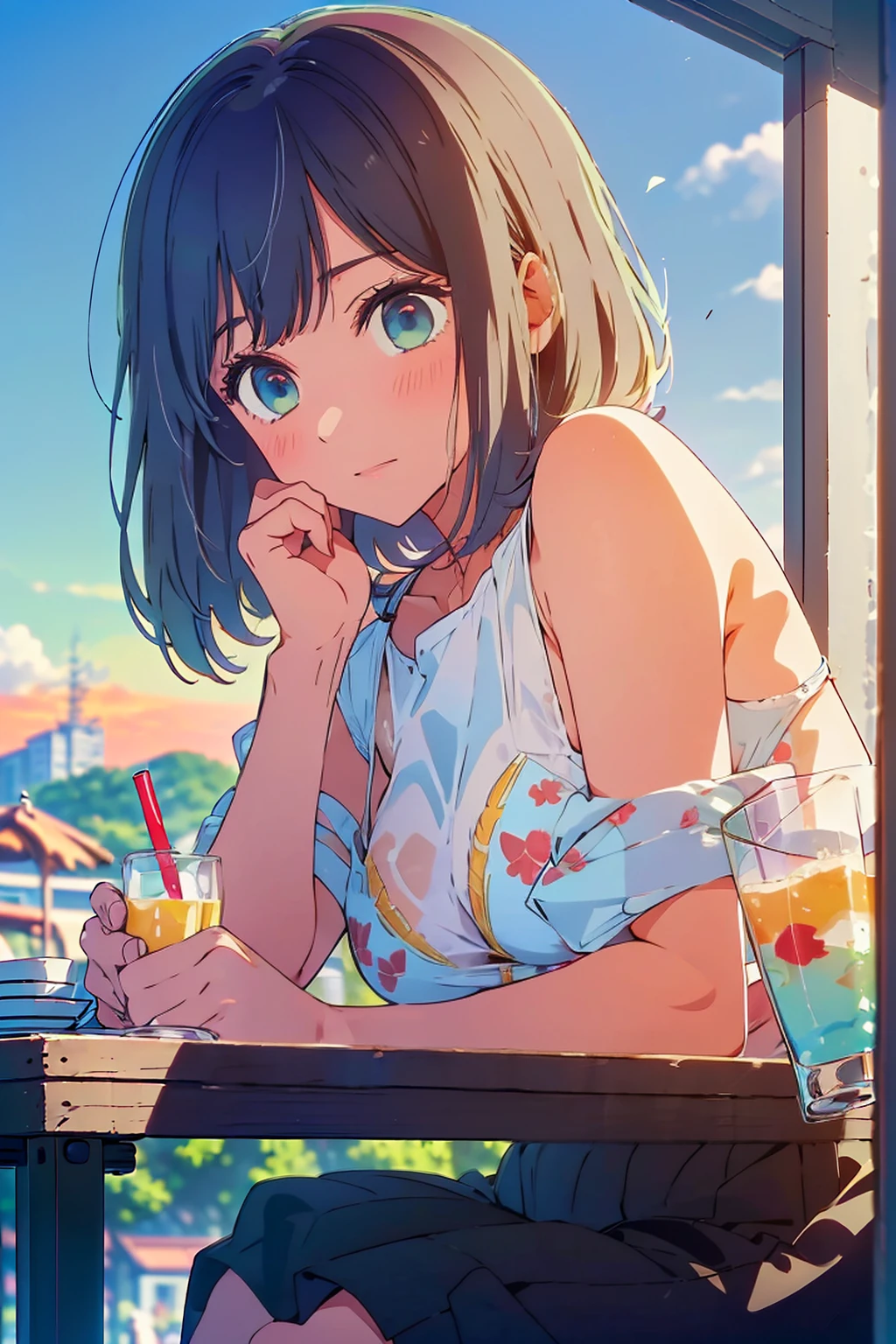 (Highest quality:1.4、masterpiece:1.4、Super detailed:1.4、8K:1.4)、F cup bust、Big Breasts、Slim body、((((1 person、Surprised expression、Sit on a chair、In the background are the urban buildings of Tokyo、looking at the camera、Outdoor café terrace、Navy hair color、juice、table、Sunset Beach、sunset、Very cute face))))、(Cheek resting on hand:1.4、Pose with hands tucked behind ears:1.4)、((nude、Areola、bikini size too small))、A completely cloudless sky、Big eyes、((((Shallow depth of field))))