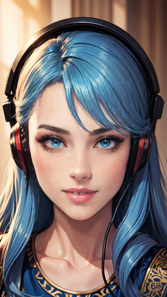 work of art, cru,  linda arte, professional artist, 8K, style of art by shaman240, very highly detailed face, very detailed hair, headphone color, 1 MATURE WOMAN, perfectly dCRUn body, beautiful  face, long hair, hair light blue , very detailed blue eyes, kissed lips , rosy cheeks, intricate details on the eyes, playful smile, looking directly at the viewer , in love with the spectator&#39;s expression, black shock, lipstick, too close to the face, Studio Setup, wearing bikini, hands behind head,