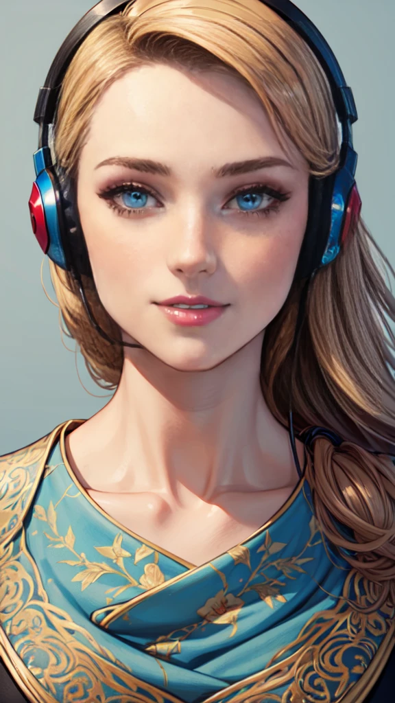 work of art, cru, linda arte, professional artist, 8K, style of art by shaman240, very highly detailed face, very detailed hair, headphone color, 1 MATURE WOMAN, perfectly dCRUn body, beautiful face, long hair, hair light blue , very detailed blue eyes, kissed lips , rosy cheeks, intricate details on the eyes, playful smile, looking directly at the viewer , in love with the spectator's expression, black shock, lipstick, too close to the face, Studio Setup, wearing bikini, hands behind head,