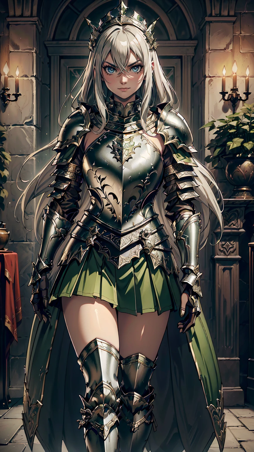 最high quality、Ultra High Definition, Ultra High Quality, Hyper Definition, Hyper Quality, Hyper Detailed, Extremely Detailed, Perfectly Detailed, Best image quality、masterpiece、woman((20-year-old、super dynamic pose , legs bent at the knees, Green solid eyes, Silver long Hair、Disheveled Hair、Long White Hair、thin, Glove、Green Skirt, Noble Armor, evil smile, wicked expression、Detailed Cuirass , Dressed in Full Coverage Noble Plate Armor)),high quality、Beautiful art、background((Inside the mansion))、Written boundary depth、 movie、Visual Arts、Perfect art、8K,Genuine、