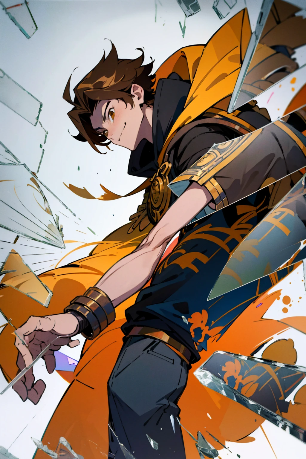 ((illustration)), (best quality)), ((masterpiece)), (detailed), ((white background)), teenage, boy, dark hair, brown eyes, muscular, shirt, black hoodie, sunglass, smirking, solo, gauntlet, day, stylish, broken glass, reflection 