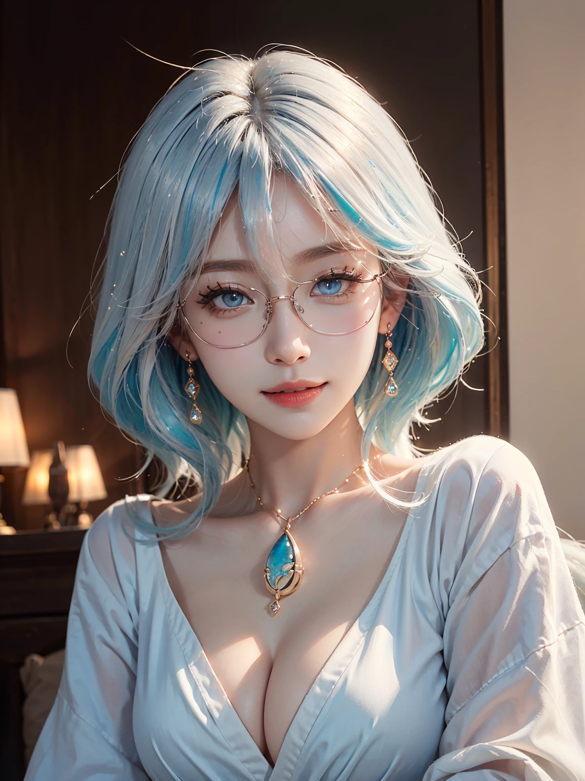 masterpiece, best quality, illustration, (dynamic lighting:1.2), cinematic lighting, reflection, delicate facial features, ultra-detailed eyes, sharp pupils, realistic pupils, depth of field, sharp focus, (hyper-detailed, bloom, glow:1.4), exceptional beauty, alluring face, cute look, multicolored hair, ponytail, high ponytail, (ponytail:1.3), (high_ponytail:1.2), long ponytail, (white_blue_hair:1.3), shining hair, bangs, long side bang, enchanting eyes, shiny, sparkle, sparkling, elegance, jewelry, ornaments, 1girl, solo focus, medium full shot, cowboy shot, white skin, intense bright, absurdres, high-res, ultra-detailed, hair ornaments, earrings, perfect arms, perfect hands, perfect fingers, detailed hands, detailed fingers, perfect body, perfect, embarrassing, blushing, smiling, angelic, expert shading, extreme light effects, intense bright, glare, sharp eyelash, red lips, dynamic pose, tying hair, hand on hair, huge smile, beautiful, accurate anatomy, perfect anatomy, showing body curves, eyeglasses, (eyeglasses:1.4), (round_eyeglasses:1.2), wearing glasses, renaissance, sunshine, princess, goddess, crown, tiara, halo, (multicolored eyes), (heterochromia), (messy hair:1.3), (long ponytail:1.3), (hair over one eye:1.3), (wavy hair:1.3), kitsune, (kitsune mask:1.3), (fox mask:1.3), fox tails, fur clothes, fur jacket, furry, long hair, white hair, (white clothes:1.3)