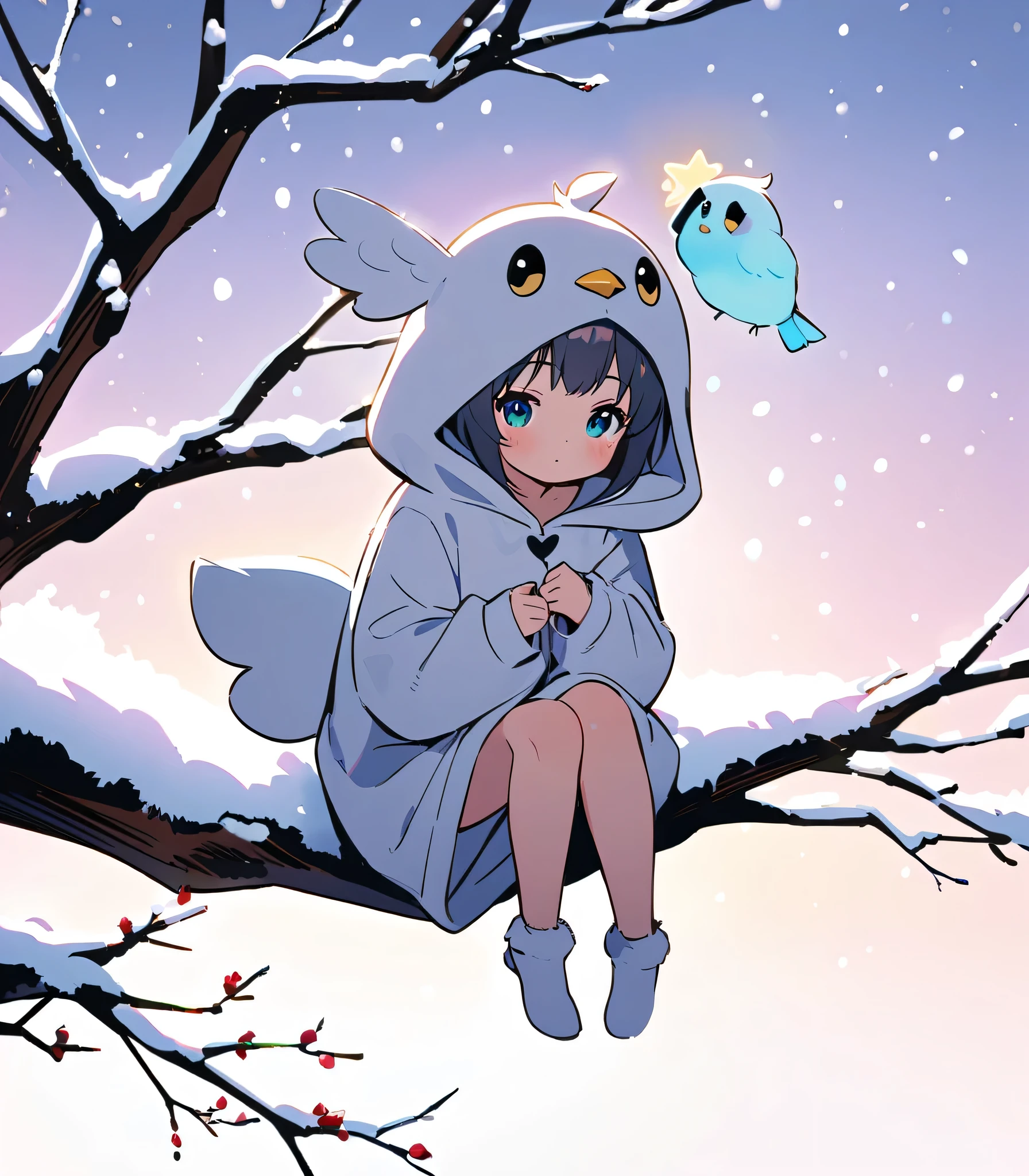 tween girl in white baby-bird kigurumi,there is a small white bird sitting on a branch, birb, kitty-bird hybrid, sentient bird, cute little creature, cute creature, anthropomorphic bird,Long-tailed-Tit, sparkling bird eyes, on a branch, the cutest creature in the world, cute animal, perched in a tree,winter,(snow:1.2),