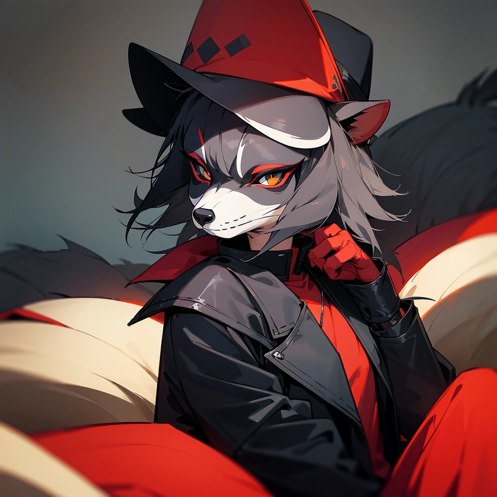 Raccoon, Furson, wearing black leather jacket, He has a red wool hat, Furson, tired face and tired eyes