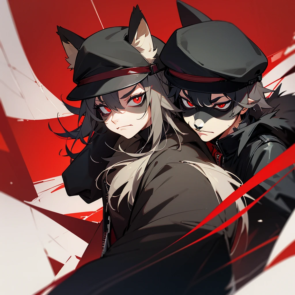 Raccoon, Furson, wearing black leather jacket, He has a red wool hat, Furson, tired face and tired eyes 