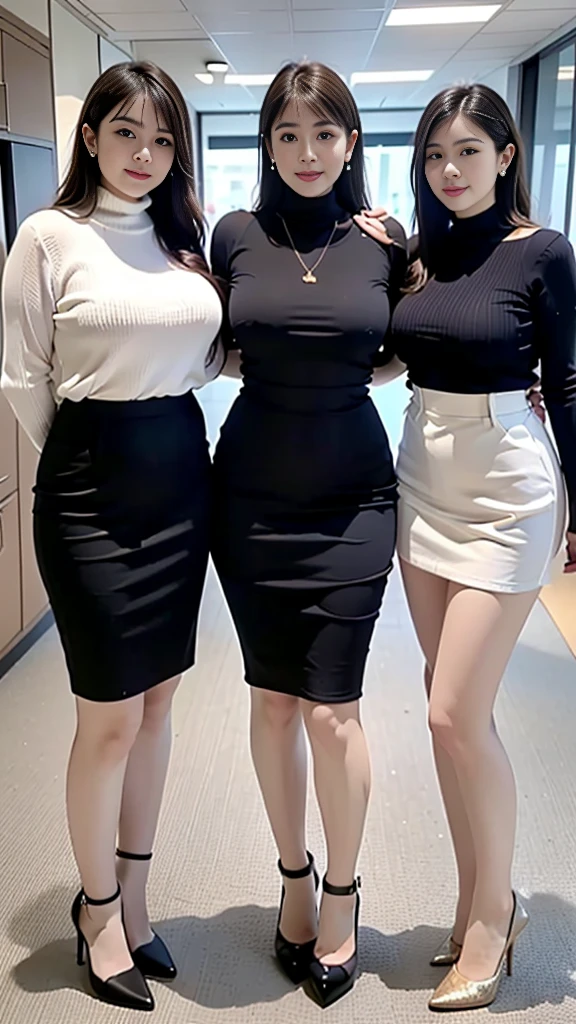 (Best Quality, Masterpiece, Photo realistic, Ultra Detailed, ultra high res, raw:1.3), (3girls:1.3), beautiful, Japanese, mature, 28yo, office workers, (turtle neck knit, short skirt), ({gold| silver| wine red| navy| pink| yellow} clothes), (smile), (bangs), high-waist, necklace, (office, indoor, hallway), (long legs, high heels, full body:1.2), (big breasts:1.3), (crowd)