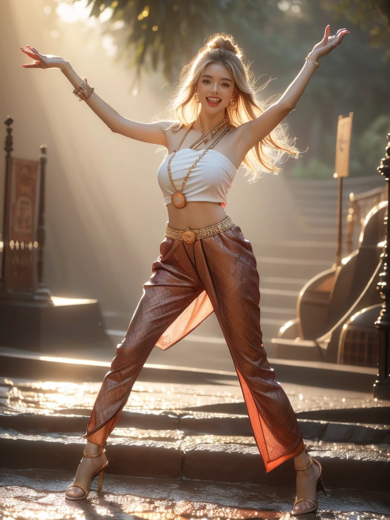 A woman with excited flush and windswept blonde hair is riding a rollercoaster in a full body shot from the front. She is wearing a playful, theme park appropriate outfit that still shows her figure. The background is a thrilling amusement park with rides in high detail and perfect anatomy. It's daytime with an exhilarating mood and tone, and the lighting is bright and dynamic, (rollercoaster pose: 1.2), (playful outfit: 1.9), (perfect anatomy: 1.5), (daytime: 1.5), (exhilarating mood and tone: 1.5), (bright dynamic lighting: 1.6).