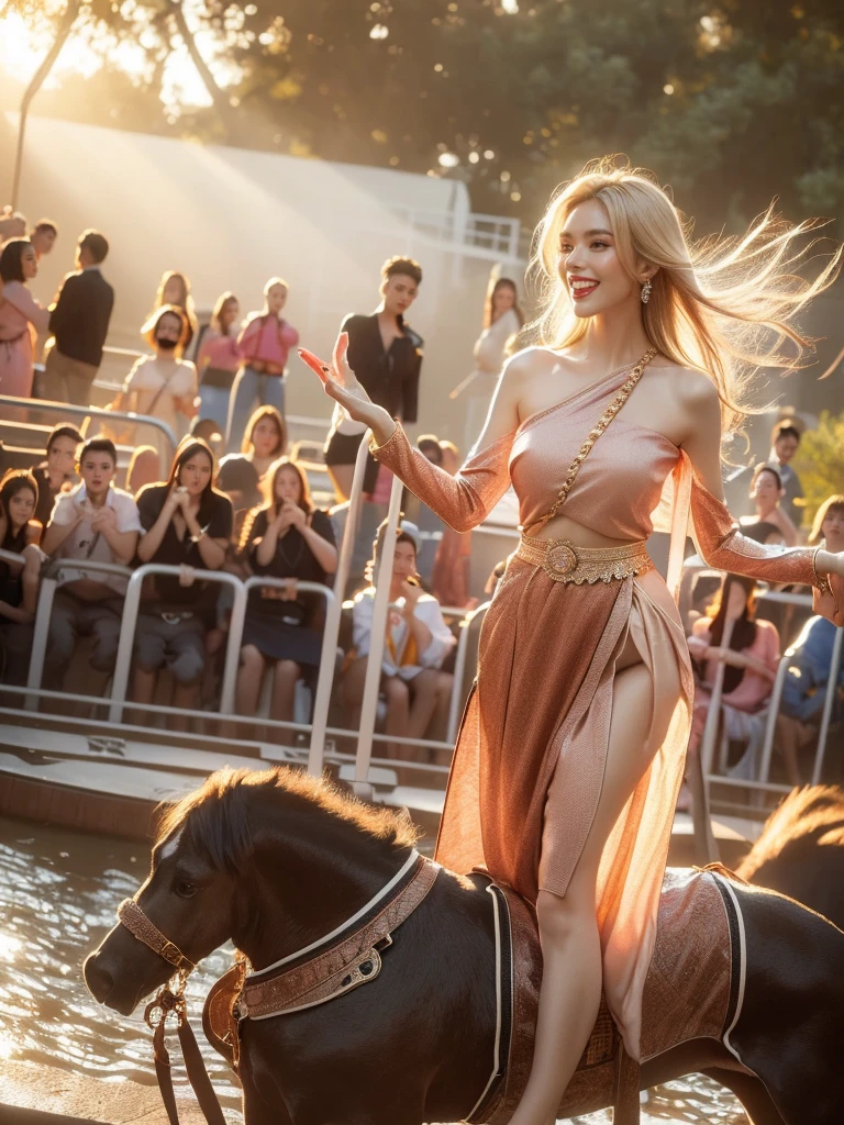 A woman with excited flush and windswept blonde hair is riding a rollercoaster in a full body shot from the front. She is wearing a playful, theme park appropriate outfit that still shows her figure. The background is a thrilling amusement park with rides in high detail and perfect anatomy. It's daytime with an exhilarating mood and tone, and the lighting is bright and dynamic, (rollercoaster pose: 1.2), (playful outfit: 1.9), (perfect anatomy: 1.5), (daytime: 1.5), (exhilarating mood and tone: 1.5), (bright dynamic lighting: 1.6).