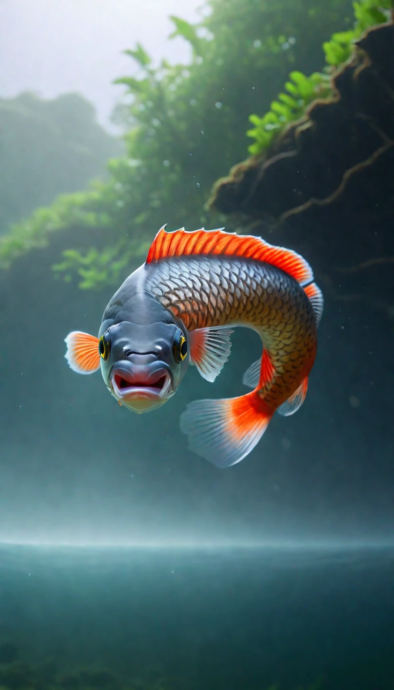 Panorama,河里有一种Mysterious Creatures:Red fish body,Fish head looks like a human face,Mysterious Creatures, shrike, (best quality,4K,8K,High level,masterpiece:1.2),Ultra Detailed,(lifelike,Photo real,Photo real:1.37),Highly detailed animals,Complex patterns,Realistic lighting,Fantasy Creatures