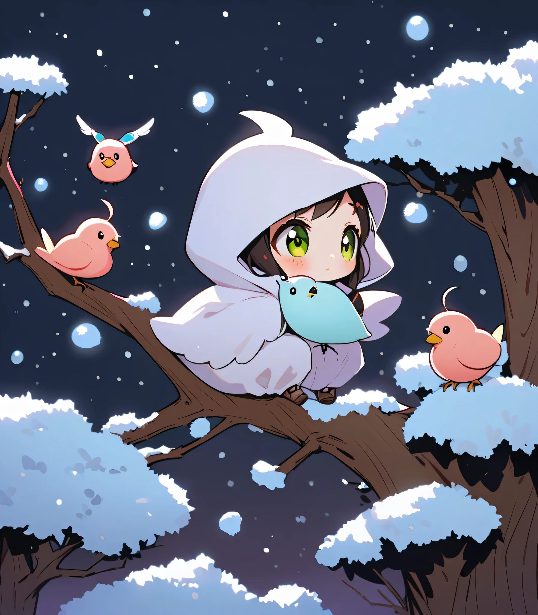 tween girl in white baby-bird kigurumi,there is a small white bird sitting on a branch, birb, kitty-bird hybrid, sentient bird, cute little creature, cute creature, anthropomorphic bird,Long-tailed-Tit, sparkling bird eyes, on a branch, the cutest creature in the world, cute animal, perched in a tree,winter,(snow:1.2),