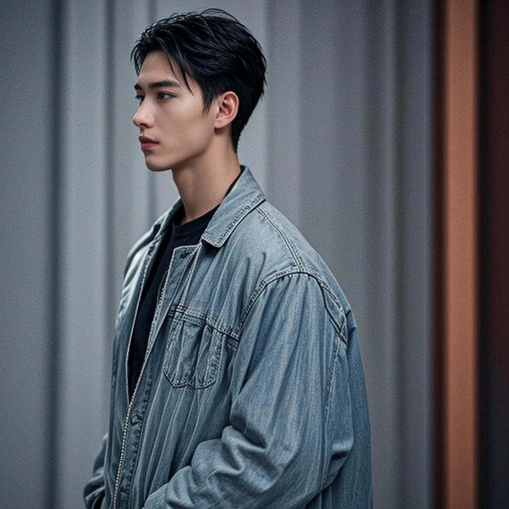 (masterpiece:1.21),(bestquality:1.21),8k,high detailed,ultra-detailed,photography,award winning,documentary,realistic,crystal clear,8K UHD,high detail,ultra-realistic,1boy,solo,male focus,slim asian male,tall,strong,black eyes,solid eyes,thick eyebrows,Real Skin Texture,Textured Male Haircut,(wearing fashion male clothing:1.44),portrait,Mouth Hold,