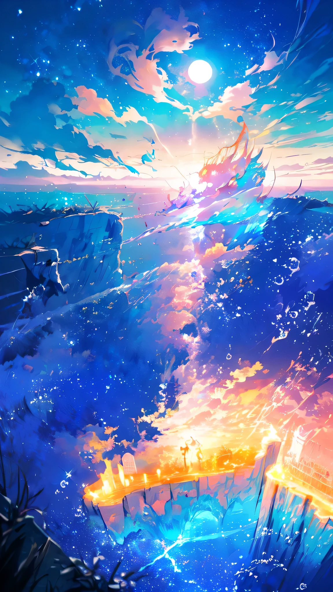 -scenery, 1girl, sky, Star (sky), Highest Resolution、Sunlight from above, night, solo,Fine starry sky、 city lights, Starry sky, Fine bubbles、night sky, bubble, moon, watercraft, outdoors, short hair, ocean, cloud,coloured glaze,