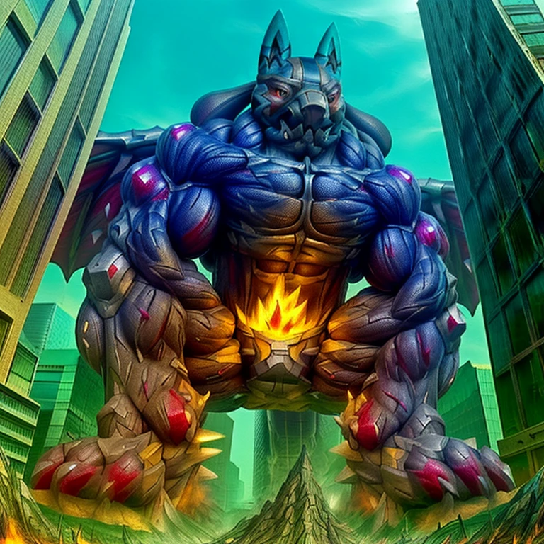 (masterpiece. official art. 8k. best quality. detailed full body. full body.)

(situation 1 : dominating mega lucario. focus GIANT mechanical Muscular mega lucario is trampling the CITY. macro. stomp. Low-angle perspective. emphasizing the immense size. The perspective is from below, emphasizing the sheer majesty and power of the Giant. giant art. He is much bigger than a skyscraper. Giga Giants. micro soccer field. looking down.)

(situation 2 :smoke and flames rising from the destruction in the city)

(Additional details 1: wearing a full-face helmet. high-tech bio-mecha armor. real texture material. whole body shines like metal. Wearing cyberpunk mecha. emphasizes the muscles. suit fully made of metal. intricate armor. Robotic suit. suit fully made of metal. cyborg. Powered exoskeleton with the same design as mega lucario).

(Additional details 2: (Detailed head. Detailed Body. Detailed abs. gigantic muscles. HYPER MUSCLES. Gigachad Muscular. big muscle. pecs. triceps. traps. unusually developed muscular body. body full of huge muscles. showing off muscles. pectorales enormes. Exaggeratedly huge muscles. huge muscles. long legs.).

(Additional details 3: nj5furry, Spread wings. It has wings. White have big wings. The claws are sharp. Sharp teeth.5 toes.).