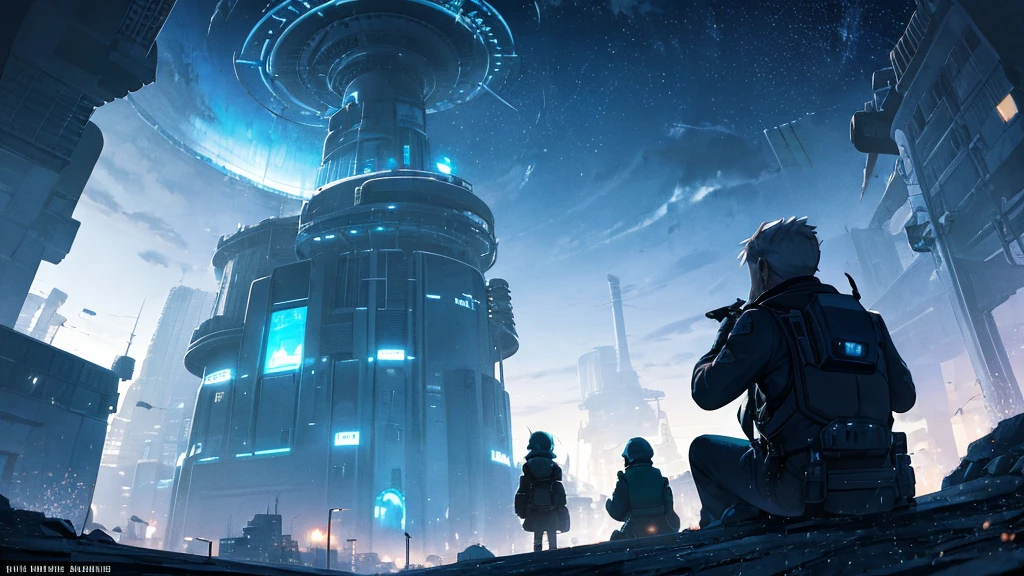 A futuristic setting with wind turbines around An old man sitting around a campfire giving a bunch of kids a story on a hill top with a dark abandoned city with skyscrapers with no lights in the background behind a mountain, a dark night with a very starry night