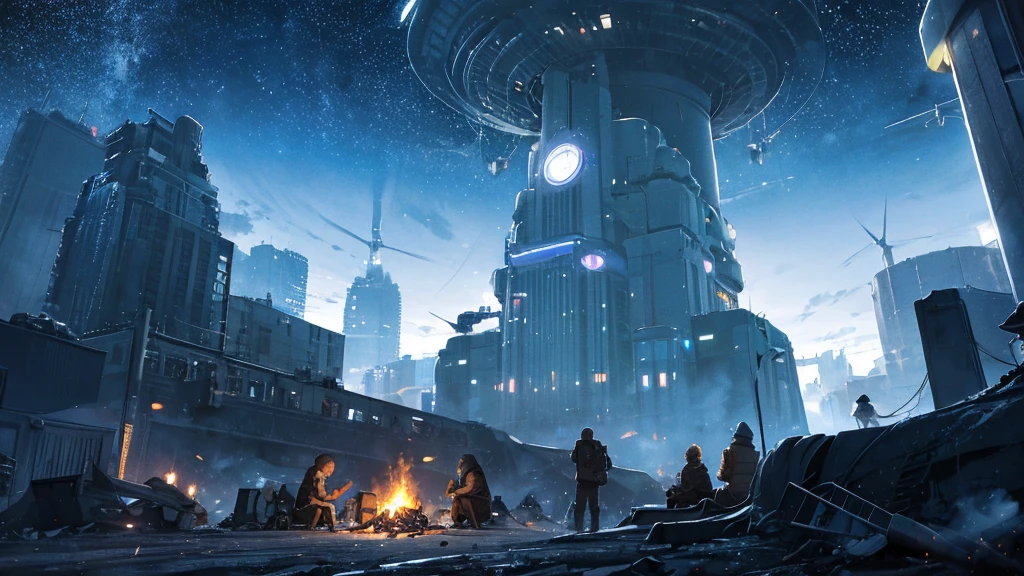 A futuristic setting with wind turbines around An old man sitting around a campfire giving a bunch of kids a story on a hill top with a dark abandoned city with skyscrapers with no lights in the background behind a mountain, a dark night with a very starry night